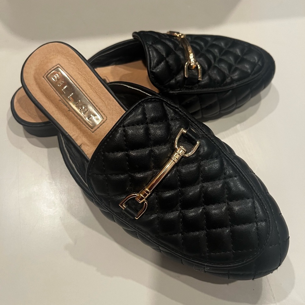Billini Black Quilted Faux Leather Mules with Gold Hardware (Size 6)